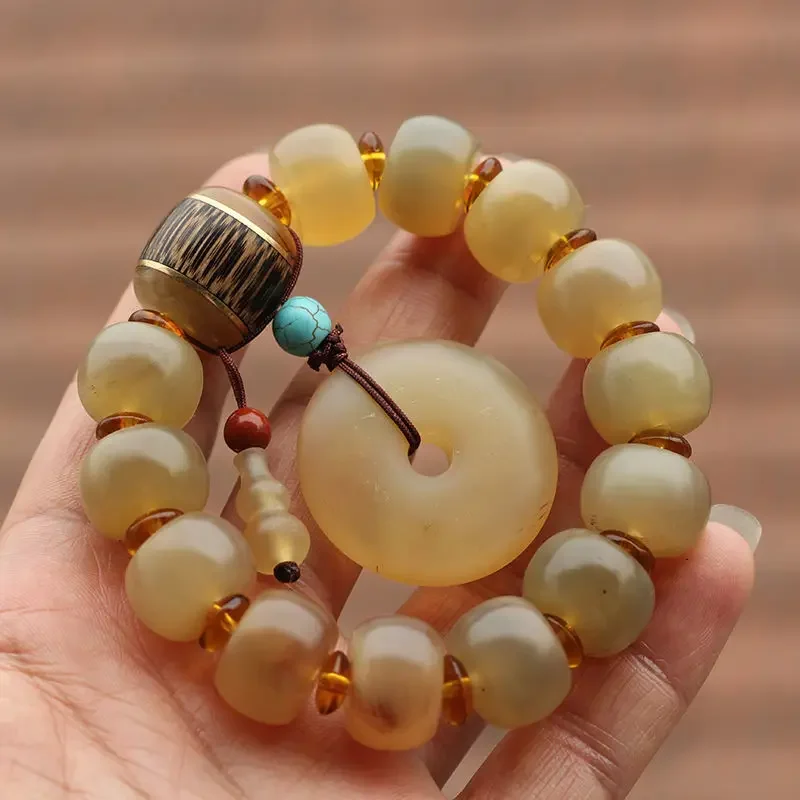 Natural Tibetan Horn Bracelet Men's Heat-Clearing and Cooling-Clearing Golden Bamboo Horn Buckle Buddha Bead HandString Women's