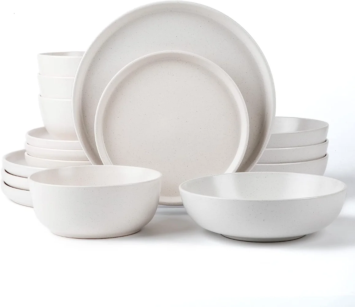 ARORA SKUGGA Round Stoneware 16pc Double Bowl Dinnerware Set for 4, Dinner and Side Plates, Cereal and Pasta Bowls - Matte