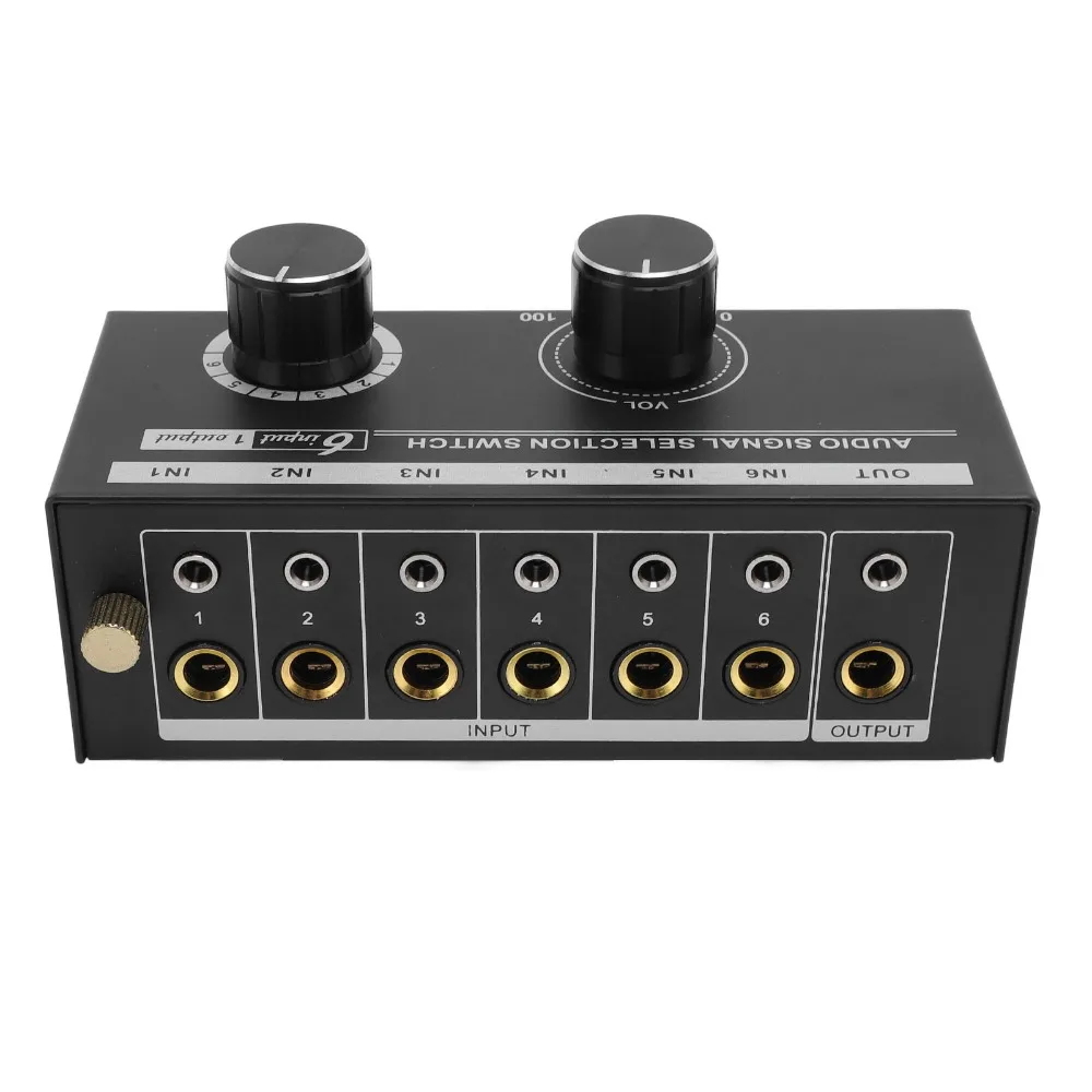 6 Input 1 Output 6 Way Sound Switcher 3.5mm & 6.35mm Dual Interface with Volume Control Knob Stereo Audio Switcher Plug and Play
