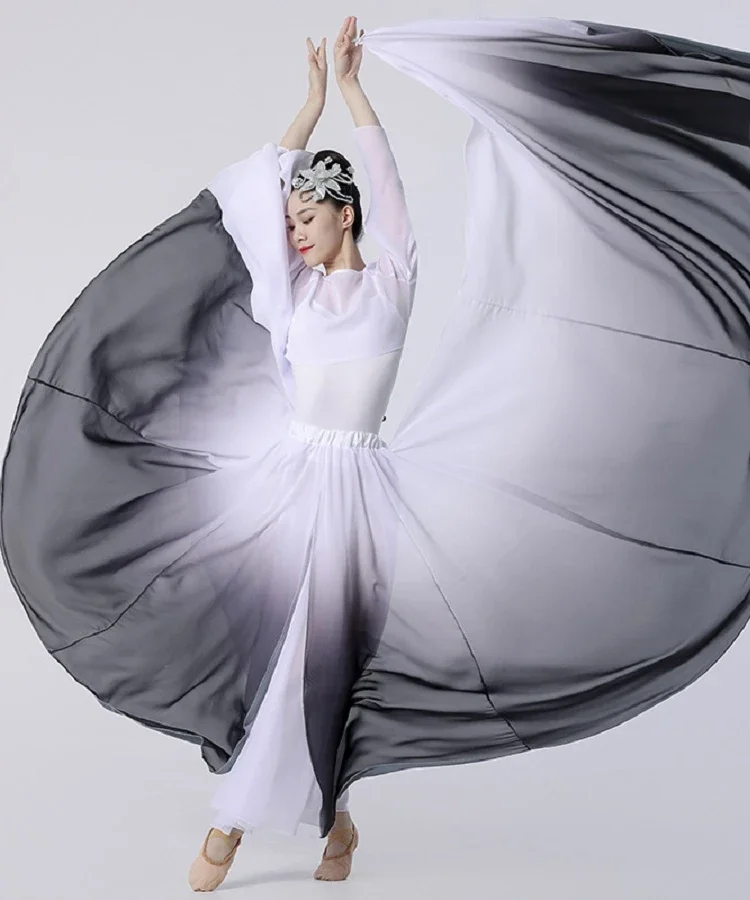 Trajes de dança clássica com bainha grande, estilo chinês antigo, abertura, livro elegante, gradiente de tinta preta e branca