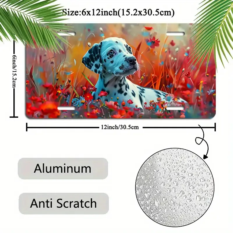 2D Flat, Adorable Dalmatian Puppy Plaque - 15.24x30.48 cm and Rustproof Car Decoration, Vivid Floral Design, Perfect Gift for Pe