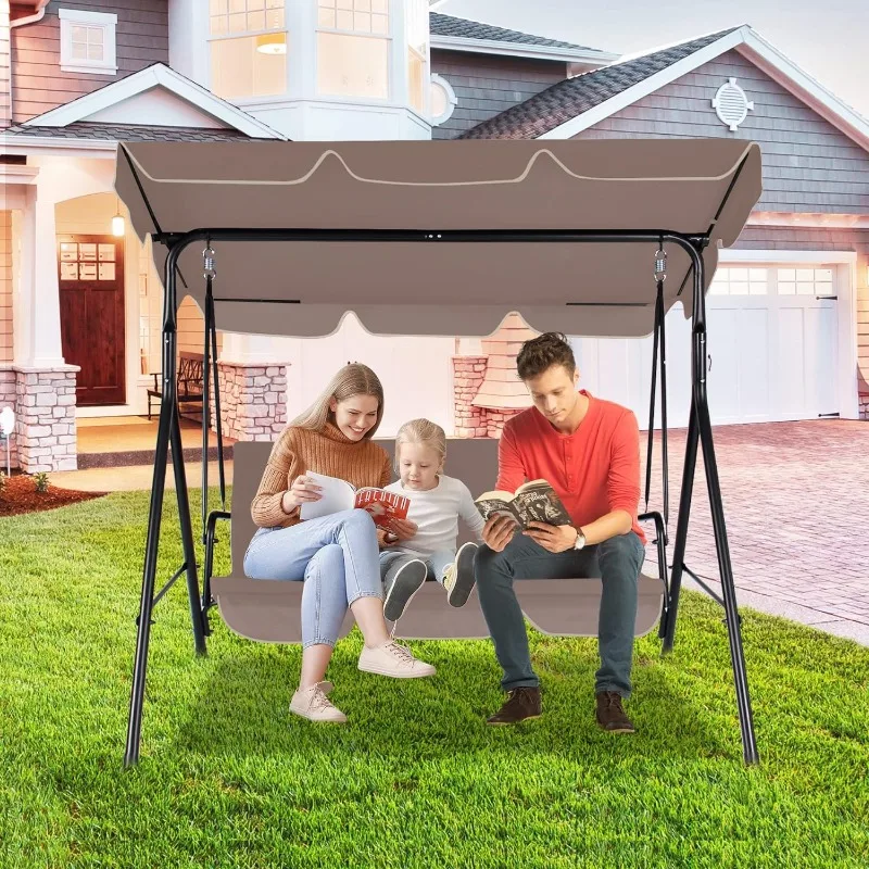 3-Seats Outdoor Patio Swing Chairs with Adjustable Tilt Canopy&Durable Steel Frame,Porch Swing Outdoor Swings, Removable Cushion