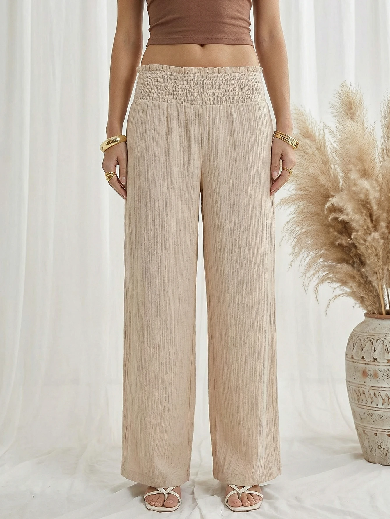 

Женские свободные повседневные брюки с высокой талией и эластичным поясом в богемном стиле, пляжные длинные брюки для отдыха и путешествий, женские универсальные осенние ткани