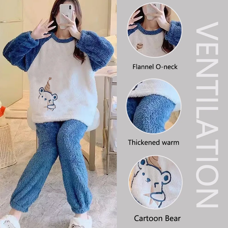 Verdickte Warme Flanell Frauen Nachtwäsche Korallen Samt Pyjamas Herbst Winter Niedlichen Cartoon Bär Gepolsterte Zwei Sets Nachtwäsche Casual – Detail 4