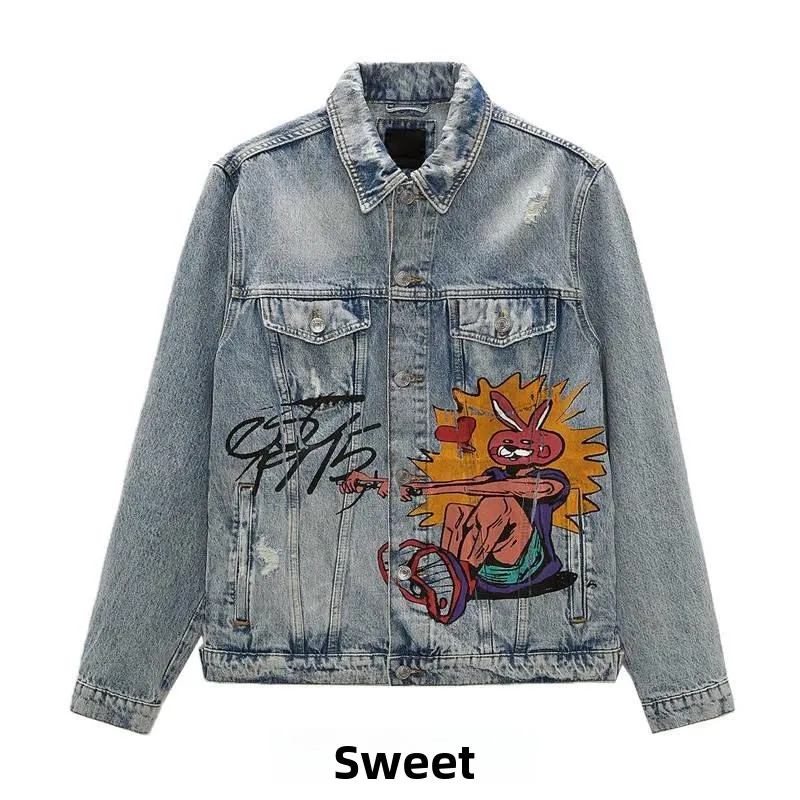 

Loose Long Sve Denim Jaet with Print Collar for Men Autumn New Sle fiti Print Casual Outerwear Youth Faion