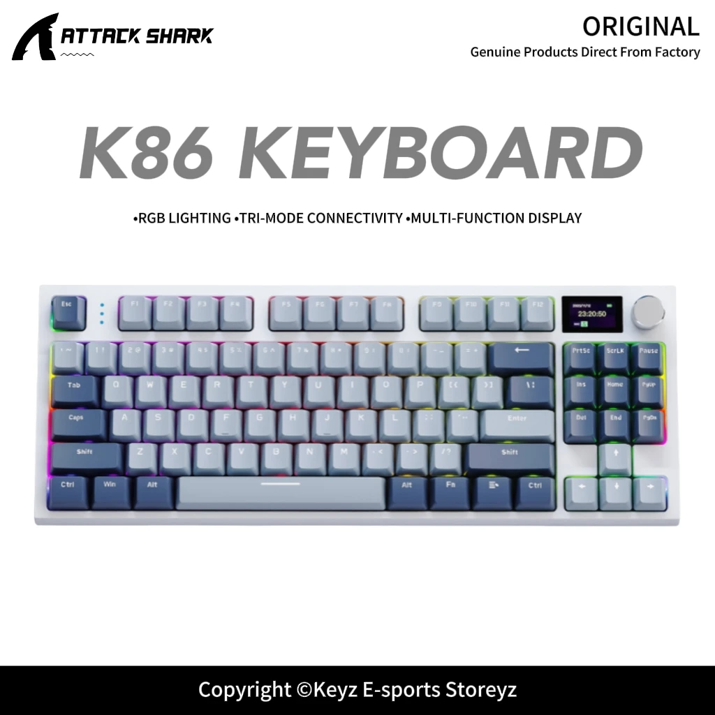 Teclado Mecânico Sem Fio ATTACK SHARK K86 Tri-Mode com Tela Colorida Inteligente, Layout 75%, Retroiluminação RGB, Hot Swappable para Jogos e Escritór