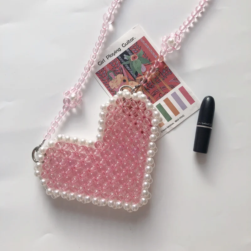 Mini Pink Pearl Love Beaded Bag Handwoven Women\'s Shoulder Crossbody Bags Fashion Peach Heart Lipstick Wallet Small Handbag