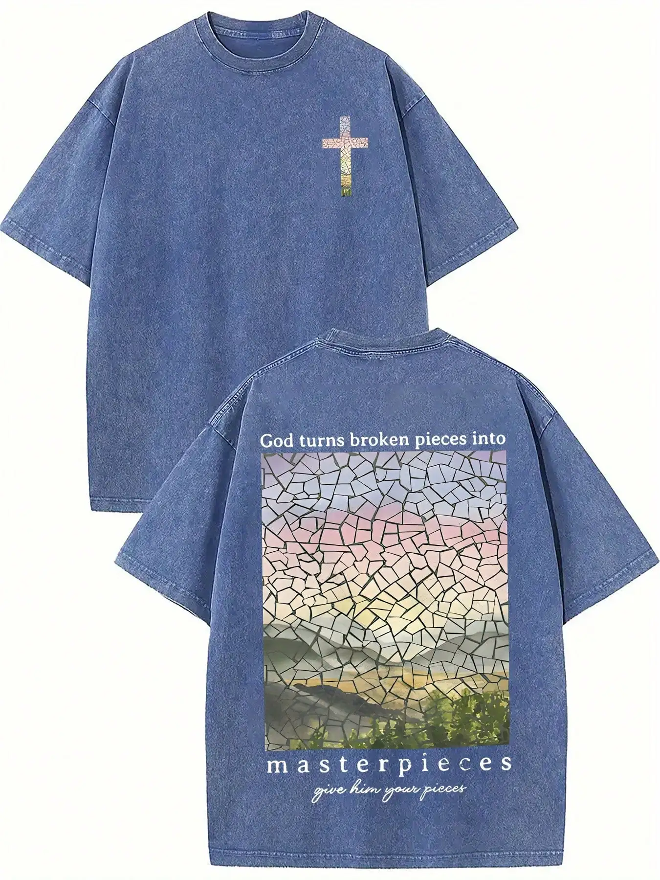 

God Turns Broken Pieces Into Masterpieces Oversized Cotton Denim T-Shirt Loose Drop Shoulder Streetwear Tee