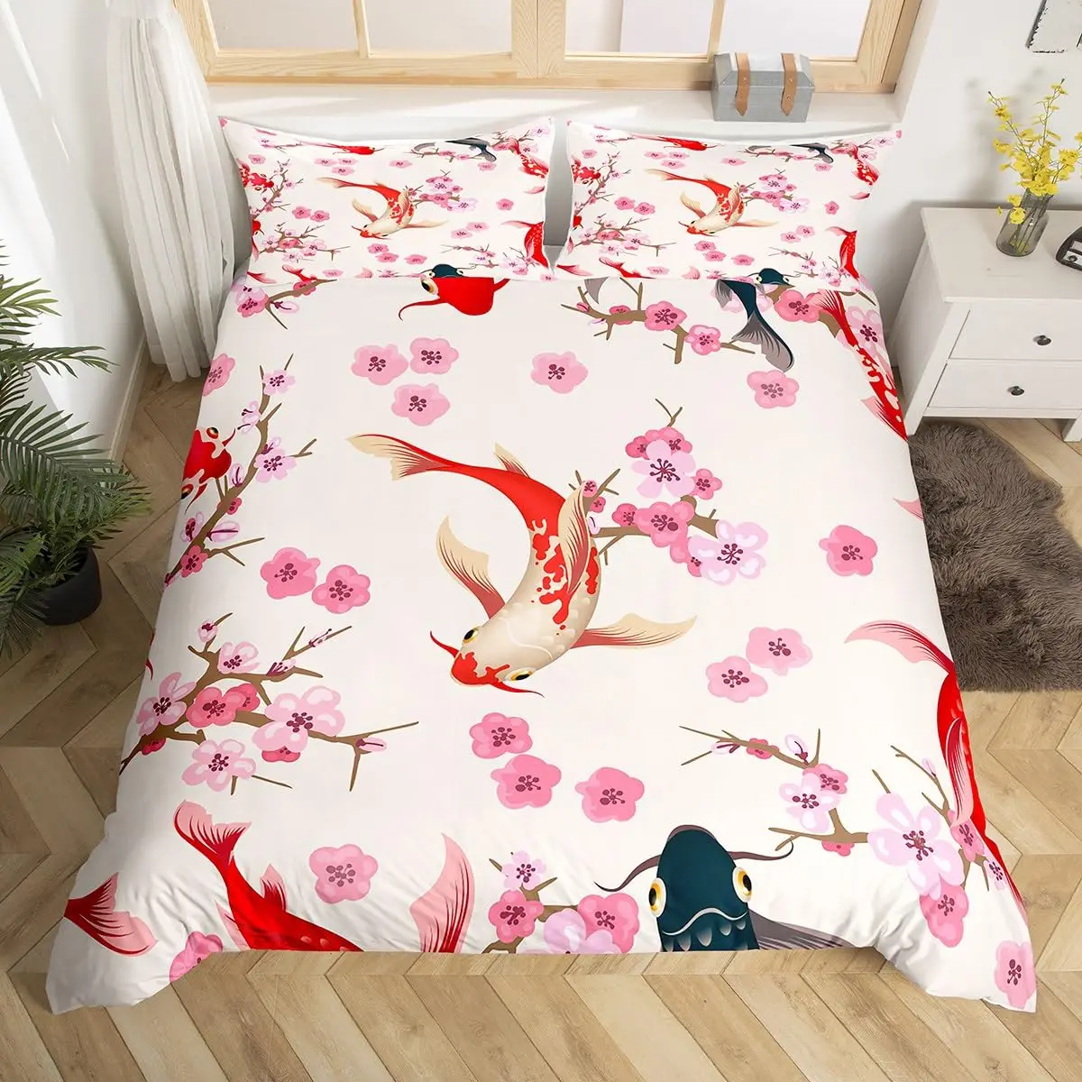 Koi Duvet Cover King Cherry Blossom Japanese Ukiyo-e Bedding Set Sakura Marine Animals Comforter Cover,Pink Romantic Quilt Cover