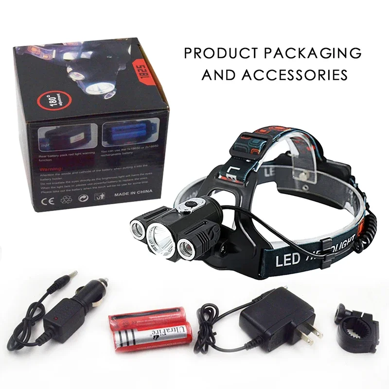 Farol de 6000 lúmens 1 * lâmpada LED T6 e 2 * lâmpadas LED R2 18650 bateria recarregável * 2 para acampamento, caminhadas, pesca, corrida, caça