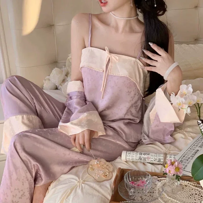 

Female 3Pcs Pajamas Set Loungewear Elegant French Court Style Sleepwear Pyjama Pour Femme Silk Satin Homewear Intimate Lingerie