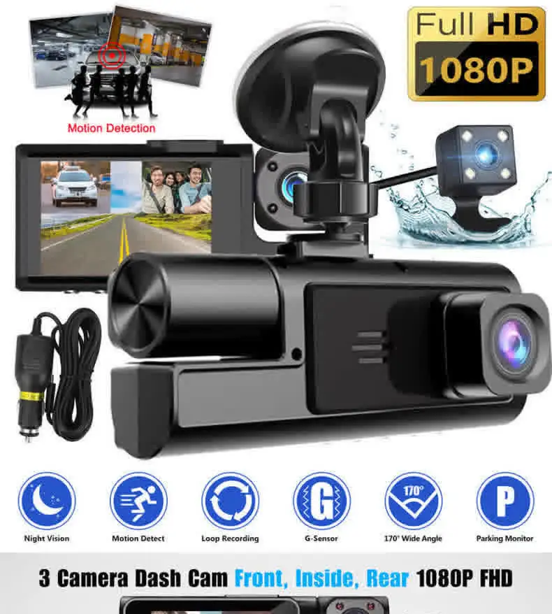 

Carpbaba 2 Inch Dash Cam WIFI Dual Recording Three Recording 1080P Front Car Interior Infrared Night Vision Recorder