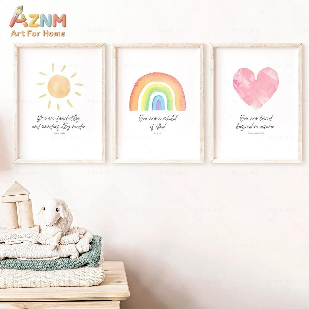 AZNM Bible Verse Canvas Wall Art Watercolor Rainbow Sun Heart Christian Quote Print Frameless Canvas Painting Nursery Kids Room