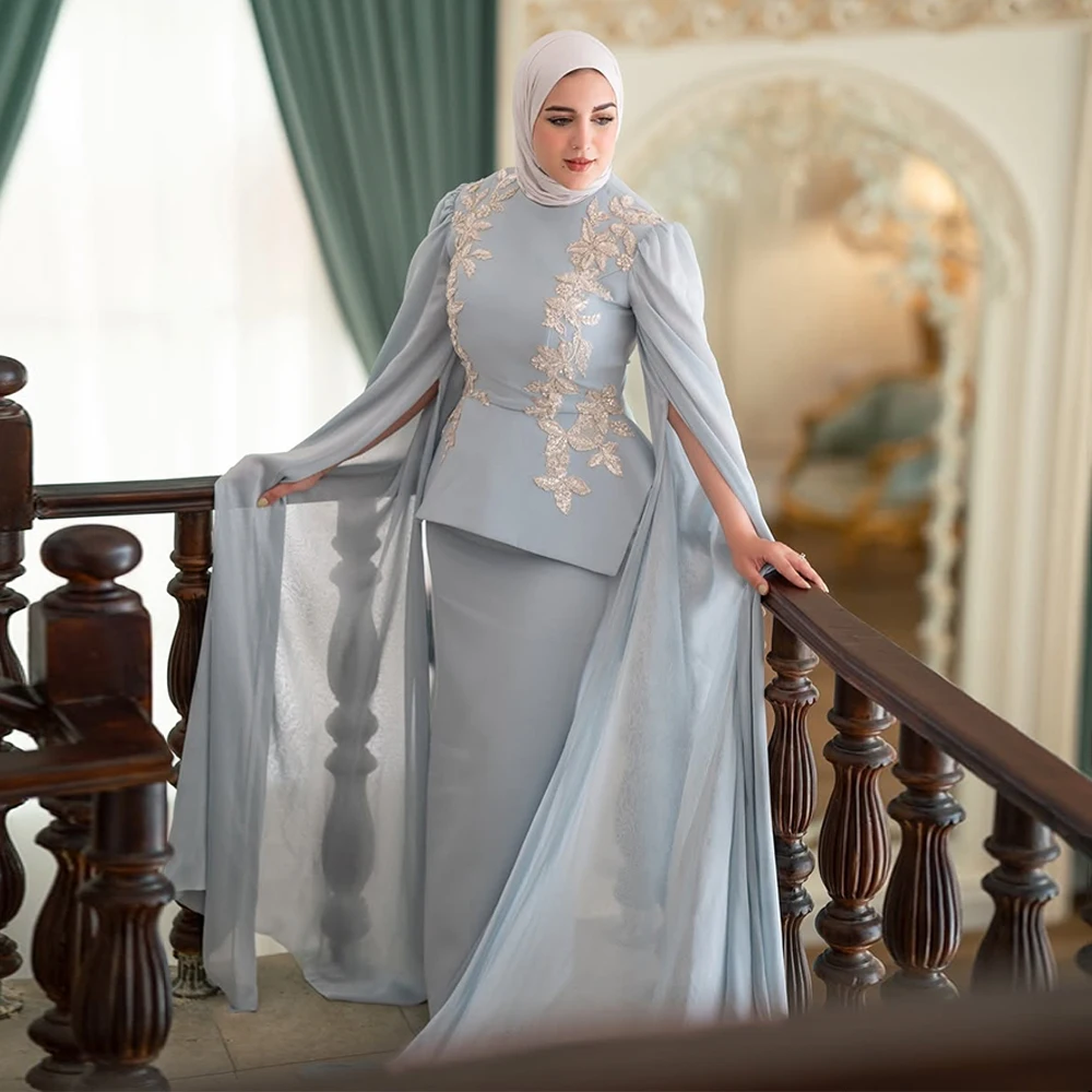 Customized Sky Blue Women Evening Dress with Full Sleeves Straight Party Dress for Formal Prom Ankle Length Cocktail Night Gowns