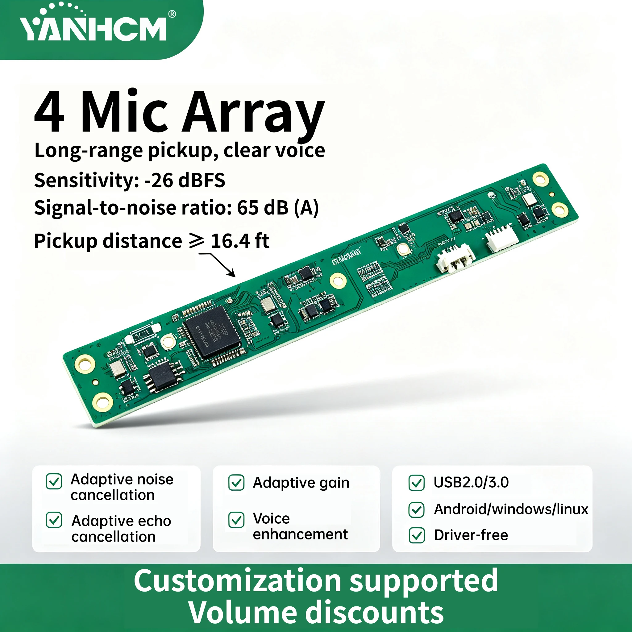 4 Mic Array Module USB 2.0 3.0 UAV 1.0 Driverless Microphone Template Voice Enhancement Automatic Noise Reduction Automatic Gain