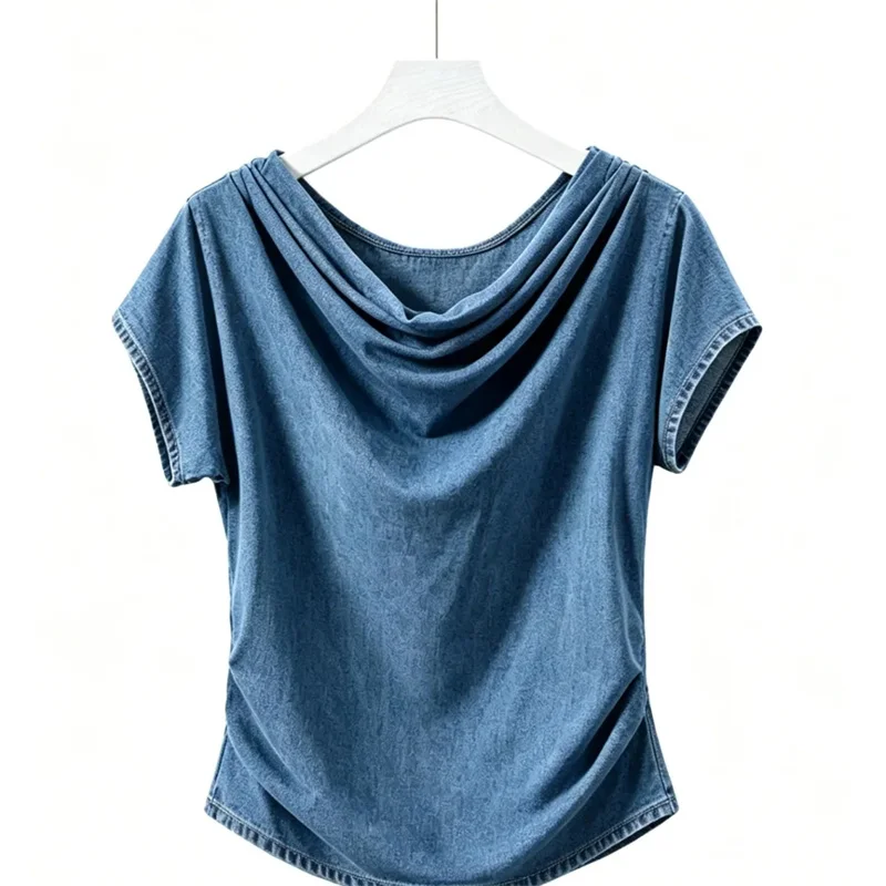 Summer 2026 New Casual Layered Collar Blue Denim Short Sleeved Shirt Women's Shirts Blouse Korean Women Receive High Praise