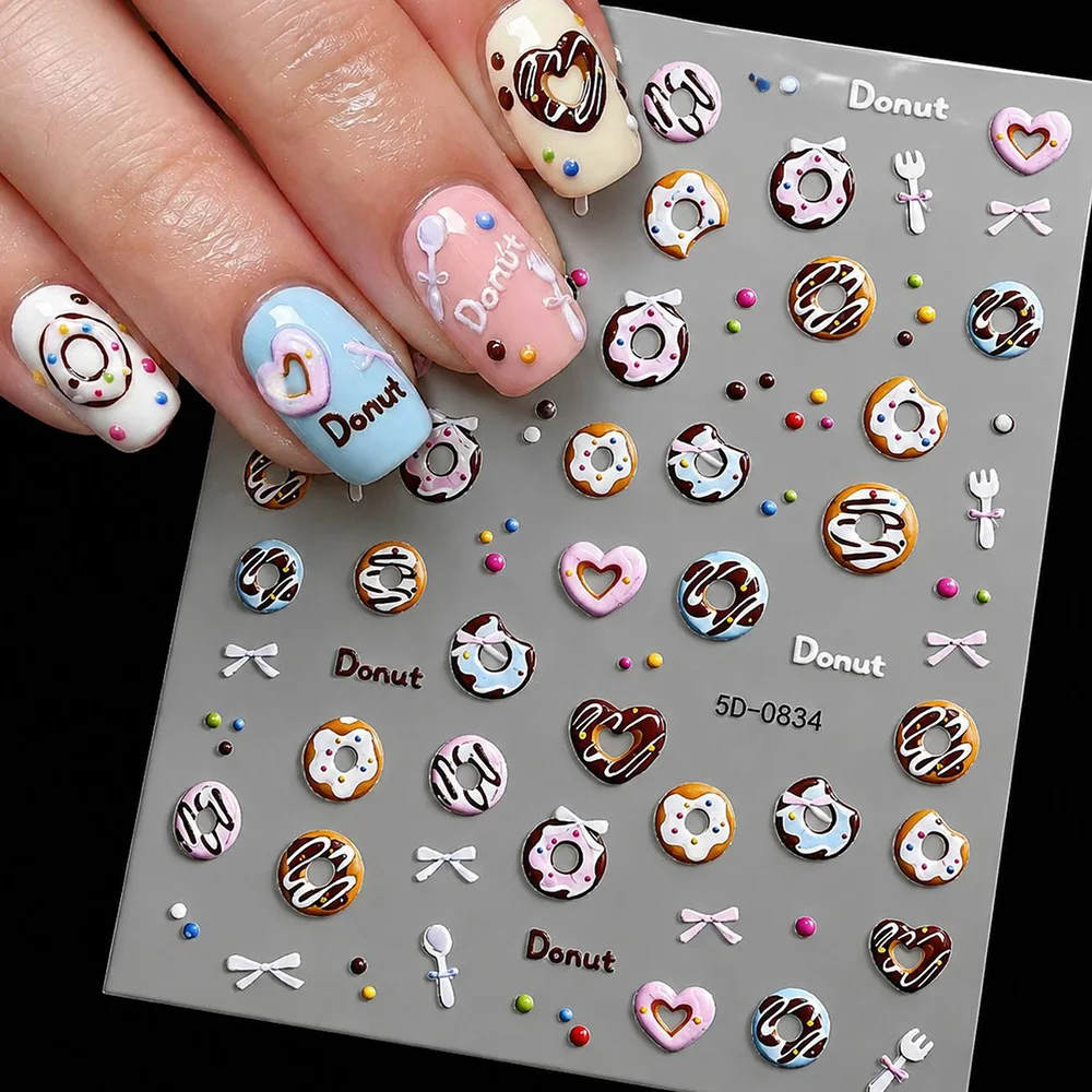 1Pc Light Reflective Donut Decor Nail Sticker Smooth Edge Adhesive Nail Decal Girlish Sweet Complete Slider