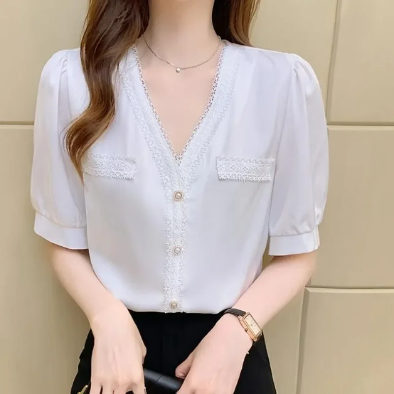

Женские летние простые офисные женские кружевные однотонные рубашки с v-образным вырезом и короткими рукавами, женские модные темпераментные универсальные повседневные топы
