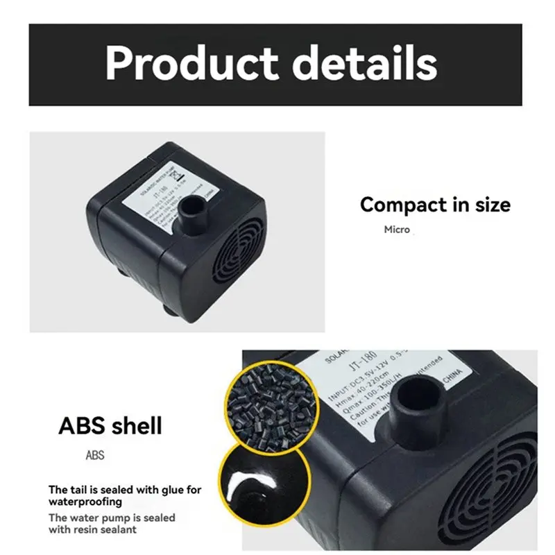 ABJO-2X JT-180 DC 12V Mini DC Brushless Submersible Pump For Solar Fountains Fish Tanks Quiet Water Circulation Pump 350L/H