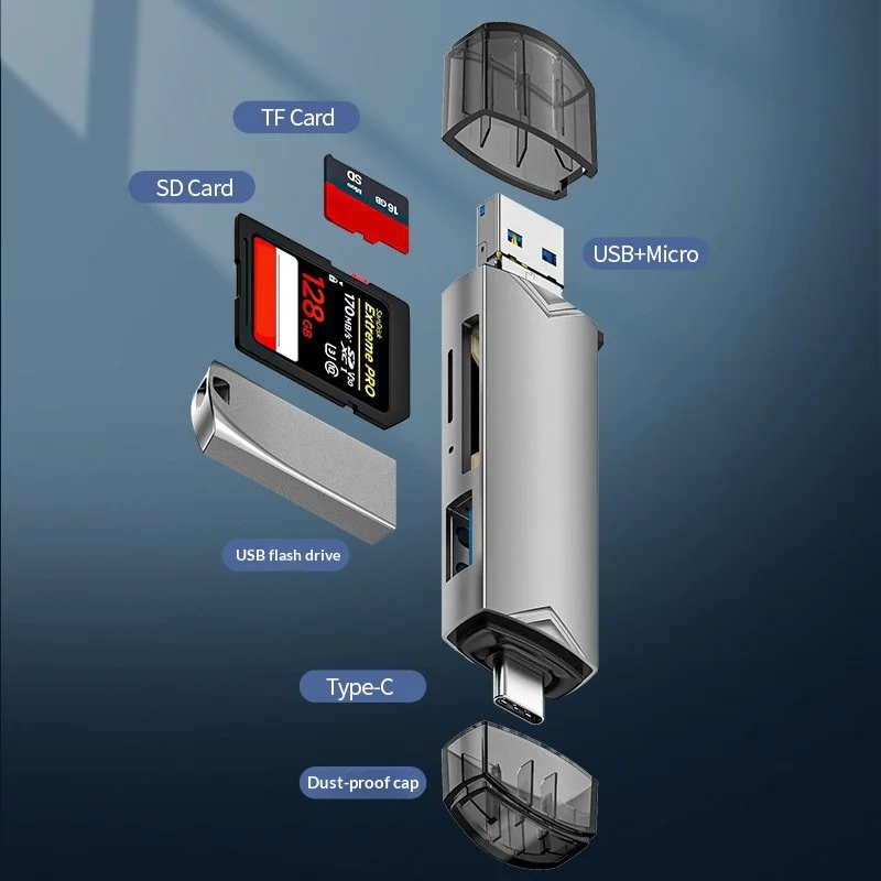 

Заводской эксклюзивный USB3.0 многофункциональный кардридер Type-C для Android-смартфонов, компьютеров, OTG-камер, SD/TF/U-дисков
