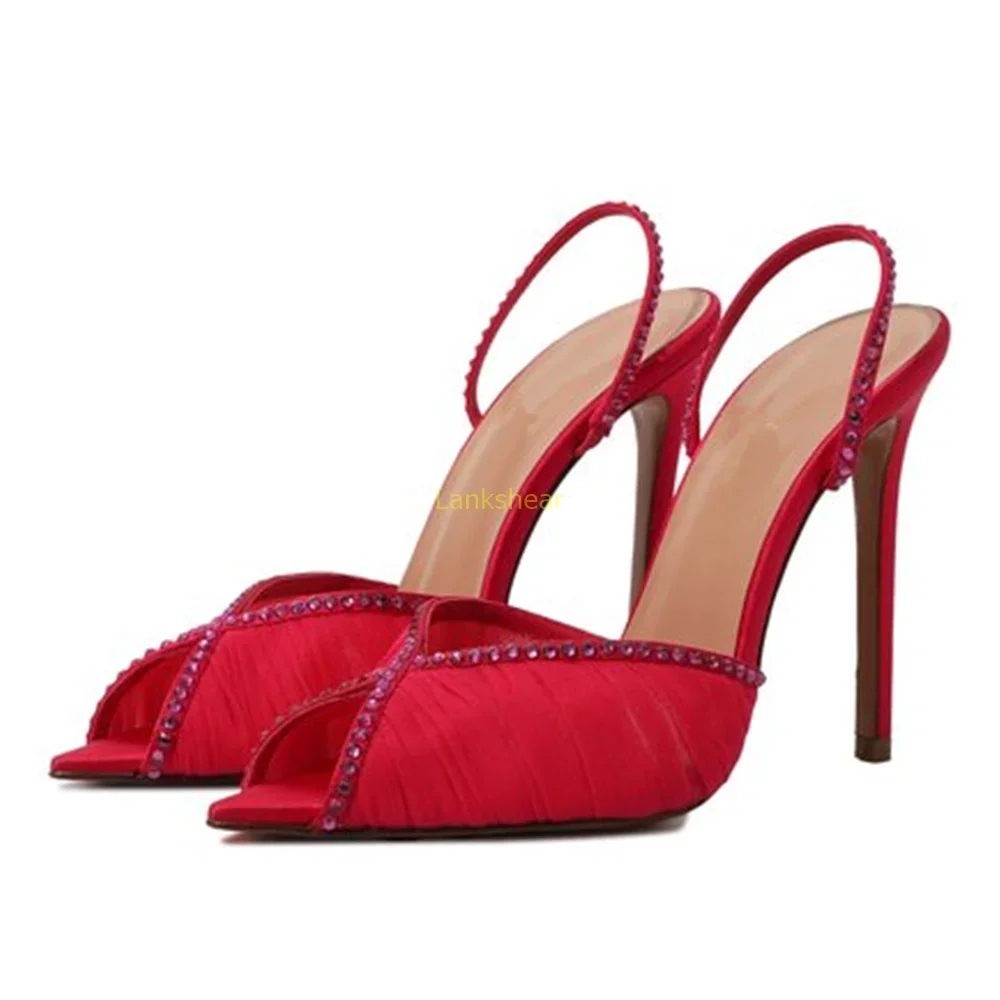 

Crystal Mesh Peep Toe Slingback Sandals Sexy Pointed Toe Thin Heel Solid New Arrivals Fashion Women Modern Shoes