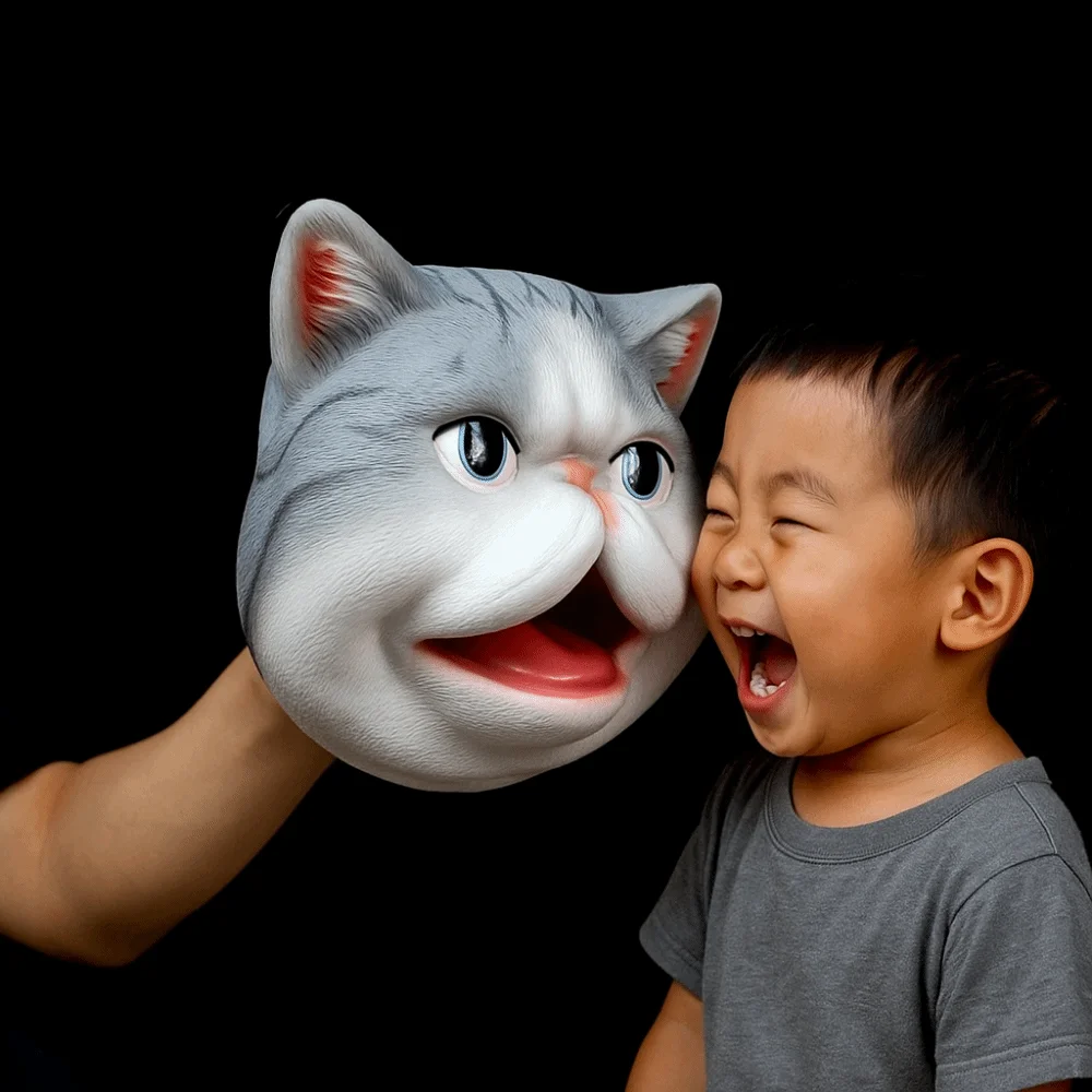 หุ่นมือรูปหัวสัตว์ทำจากไวนิล ของเล่นจำลองรูปแมวนุ่ม ถุงมือเล่น ของเล่นเสริมพัฒนาการ หุ่นหัวแมว ของขวัญวันเกิด