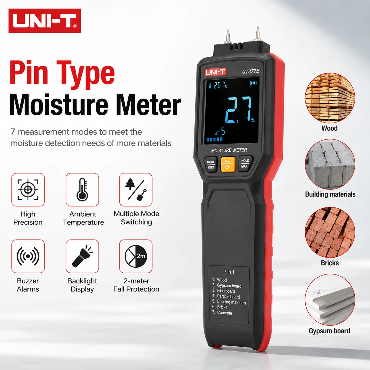 UNI-T UT377B Pin Moisture Meter Wood Humidity Tester Wood and Building Materials Measurement Timber Damp Detector LED Flashlight