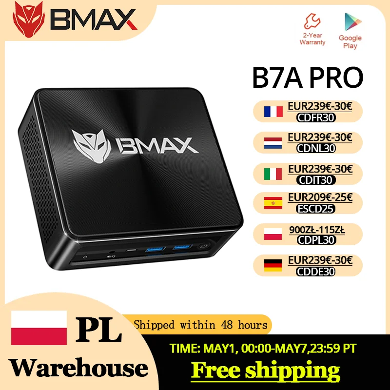BMAX B7A Pro Mini-PC: AMD Ryzen 5 7430U, Radeon-Grafik, 16GB RAM, 512GB SSD, Windows 11, USB, HDMI, Type-C