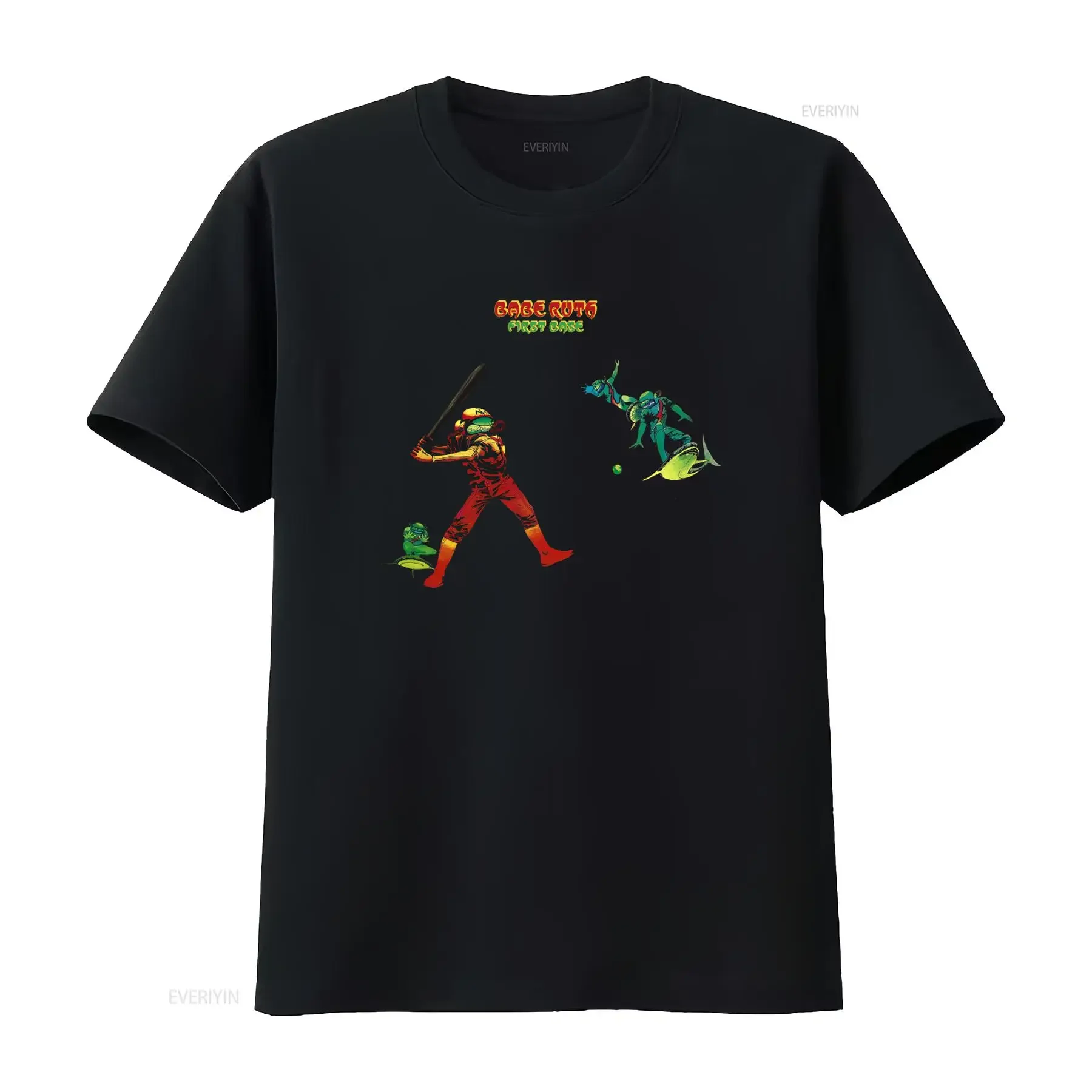 Camiseta de Algodón Suave con Estampado de Béisbol de Babe Ruth en Primera Base, Estilo Vintage Lavado y Elástico, Moda Urbana para Hombre, Versátil