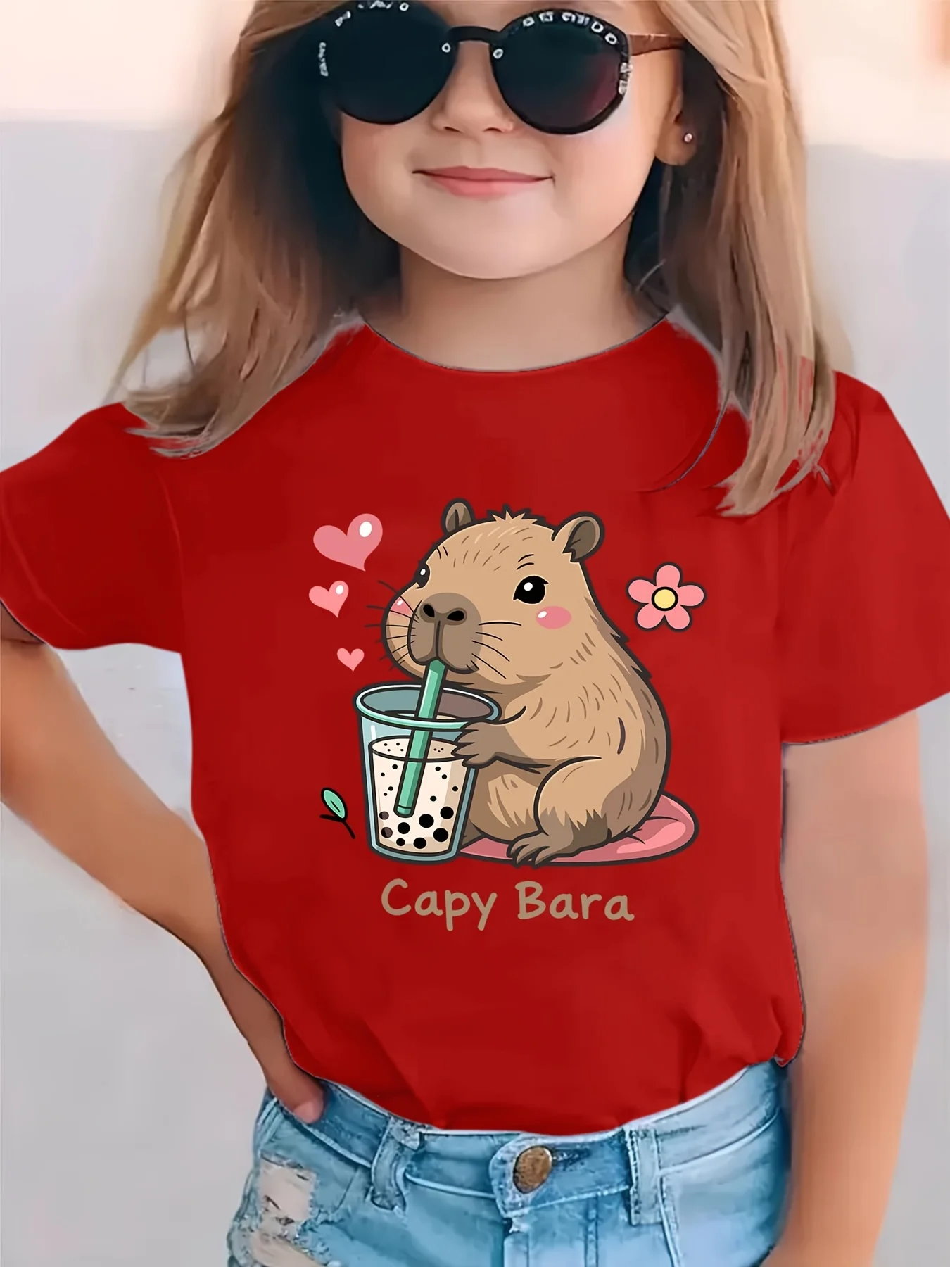 Fashion Children's T-shirt CAPY BARA Love Flower Drinking Milk Tea Kapipara Elements Cartoon Pattern Printed Parent Child Top