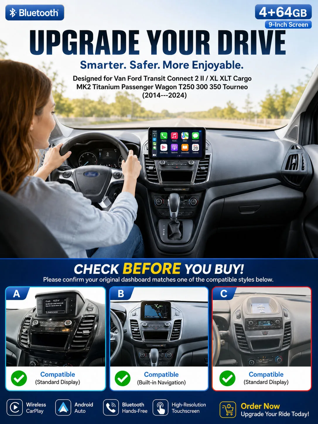 Android Car radio Carpaly GPS Navigation HD Reverse camera For Ford Transit Connect 2 II XL XLT Cargo Van Transporter MK2 T250