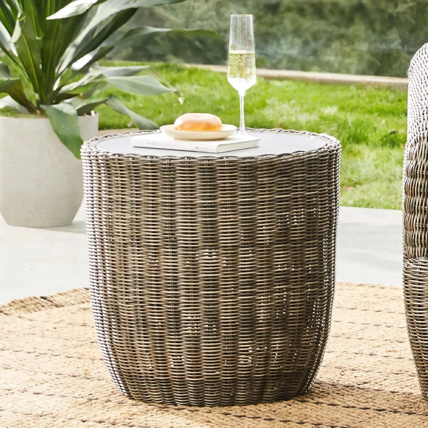 

20" Wicker Side Table Adjustable Foot Leveler Cement Panel Top Patio Outdoor, Customized