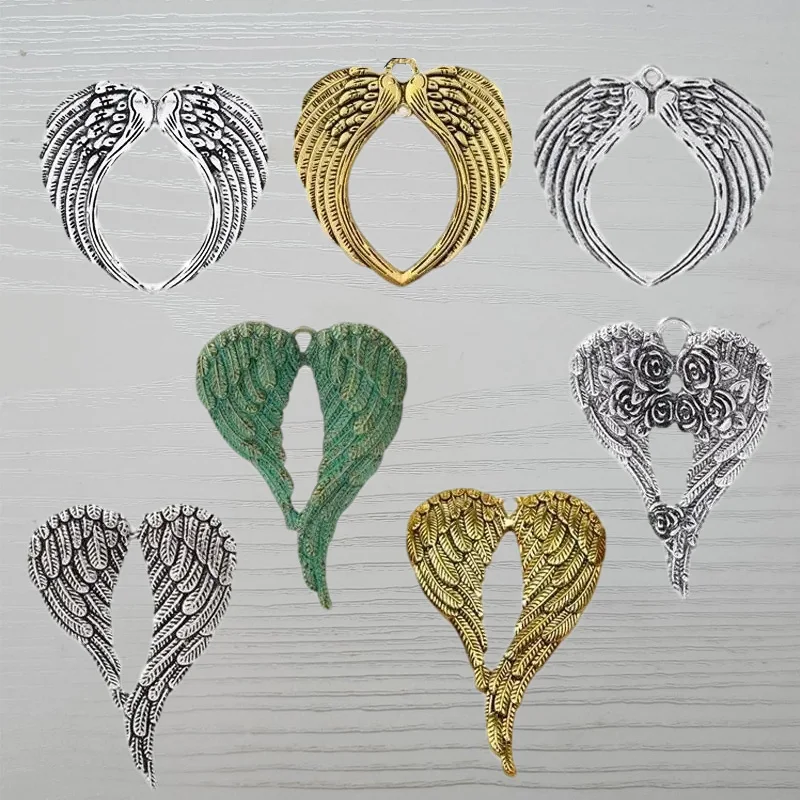 

3 x Antique Silver/Golden Color Large Angel Wings Heart Feather Charms Pendants for Necklace Jewelry Making Accessories 69x65mm