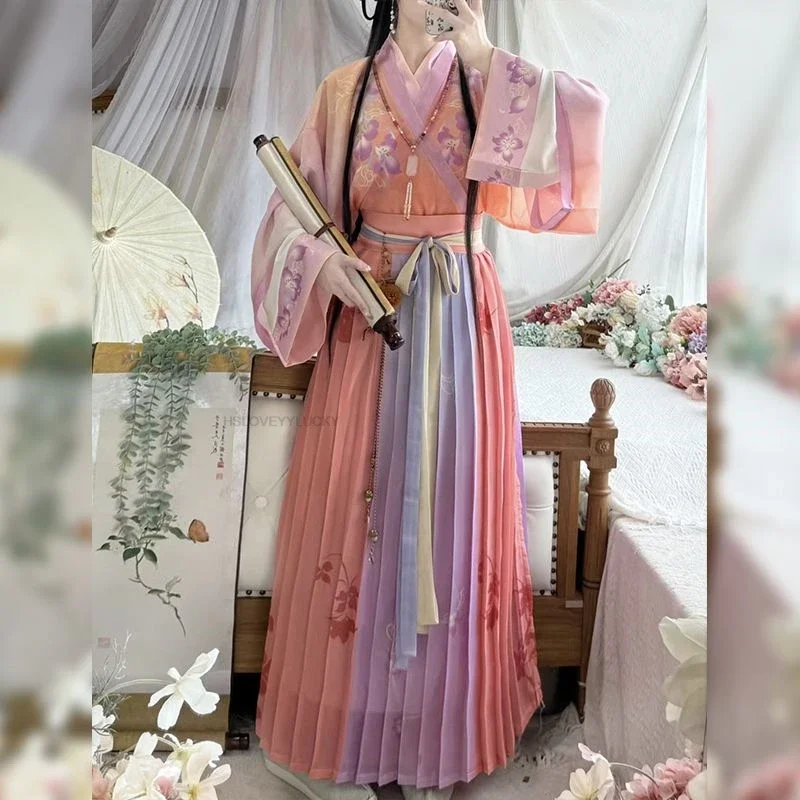 Chinese Traditional Hanfu Dress weijin Dynasty Long Dress Folk Dance Costume Fairy Cosplay Ancient Princess Stage Outfit 3pc Set