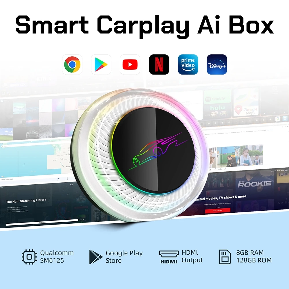 8GB+128GB Android 13 CarPlay Ai Box Ambient Light LED Dual WiFi