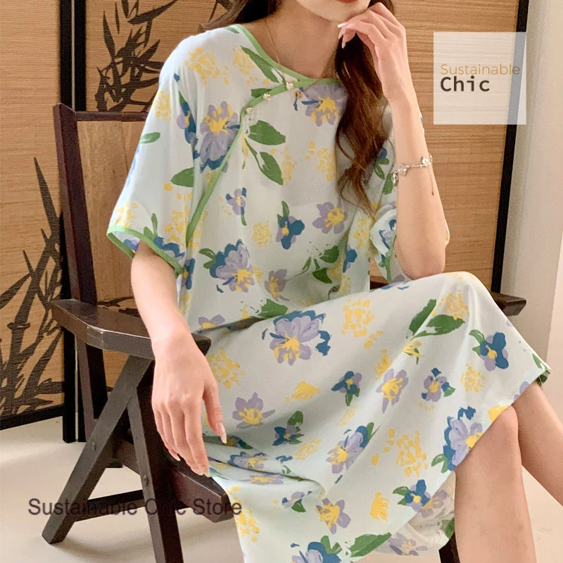

Summer artificial cotton nightgown new Chinese cotton silk new fashion retro loose plus size dress ladies ethnic home clothes