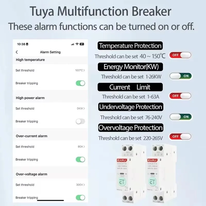 Tuya eWeLink WiFi Smart Circuit Breaker MCB 1P 63A Power Energy kWh Voltage Current Meter Protector Voice Remote Control Switch