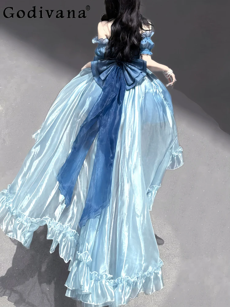 

Japanese Original Dream Sweet Girl Lolita Blue Princess Dress Pearl Bow Big Trailing Birthday Party Bar Mitzvah Dress