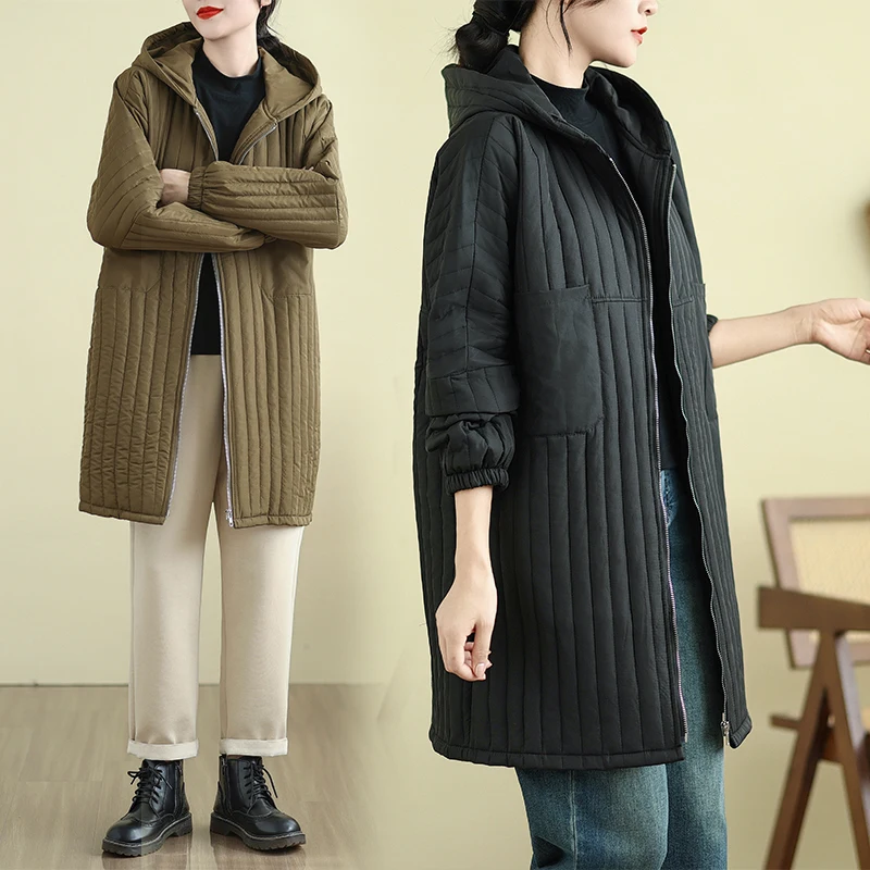 

Thiened Cotton Jaet Women's Autumn Winter New Sle Hooded Mid-Length Warm Slimming Versatile European Sle Coat