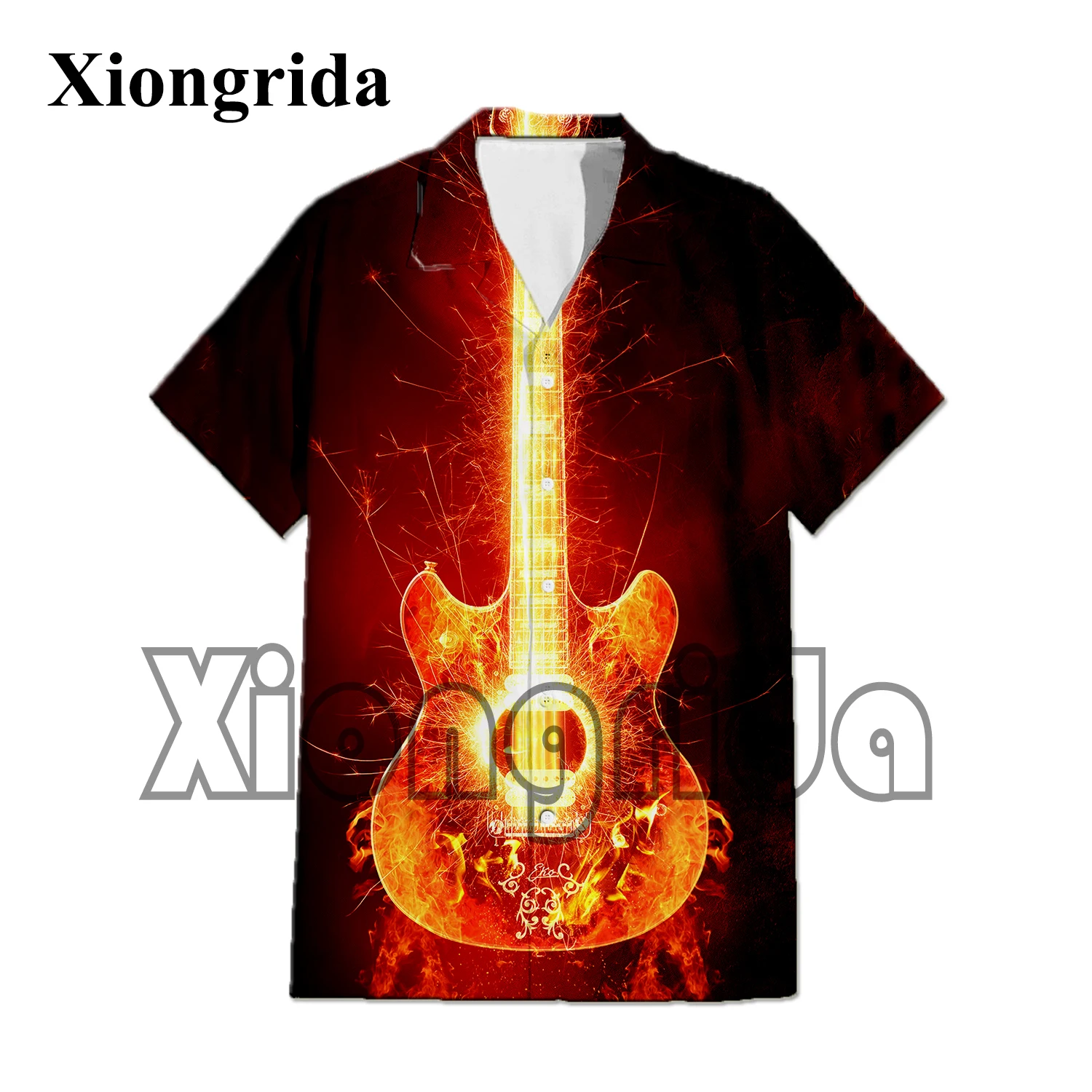 Fashion Mens Hawaiian Shirts Guitar and Fire 3D Print Short Sleeve Shirts Musical Instrument Summer Holiday Blouse Hip Hop Tops