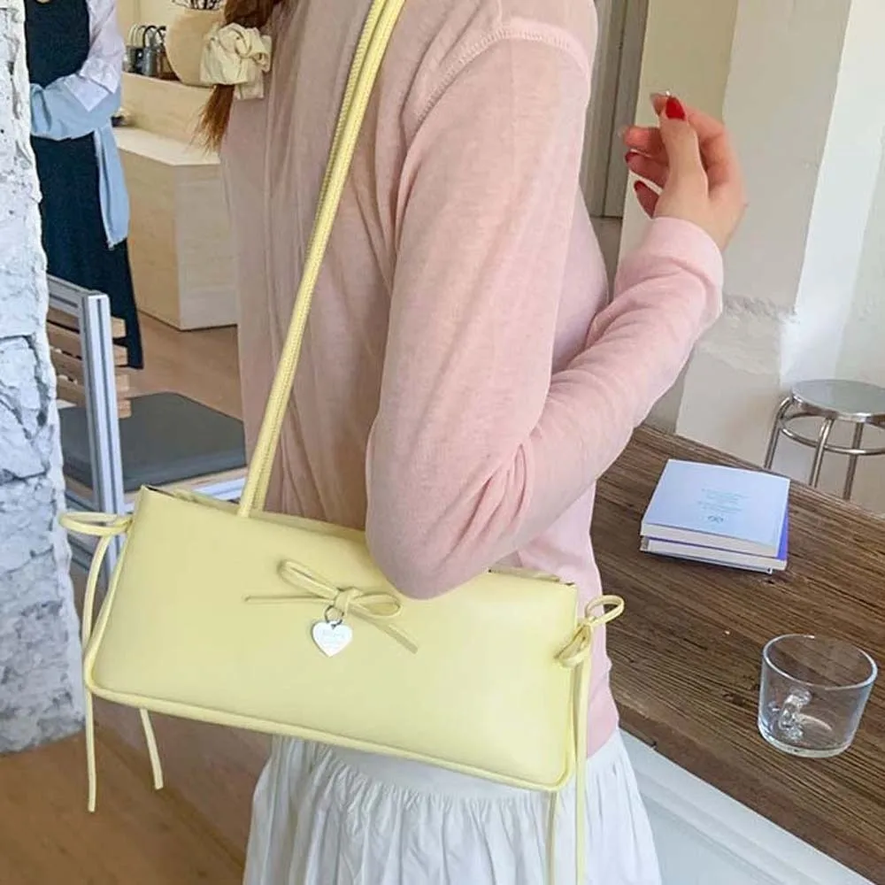 

Sweet French Stick Handbag Bow Decoration Large Capacity Solid Color Underarm Bags Korean Style Anti-splash Water