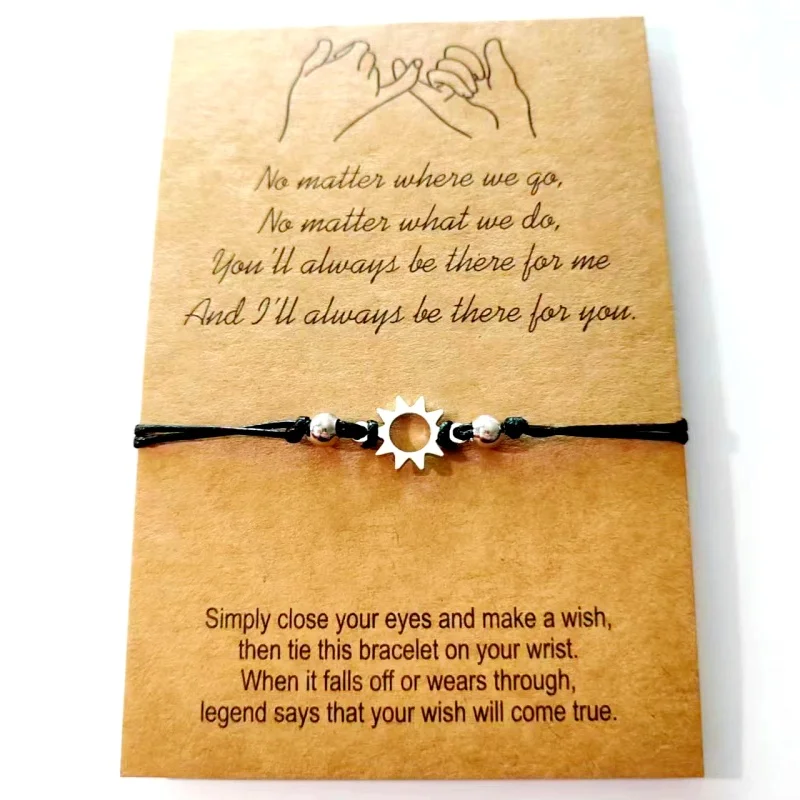 Trendy Sun, Moon and Stars Couples Bracelet Set with Blessing Cards, Adjustable Handmade Braided Rope Bracelet Set