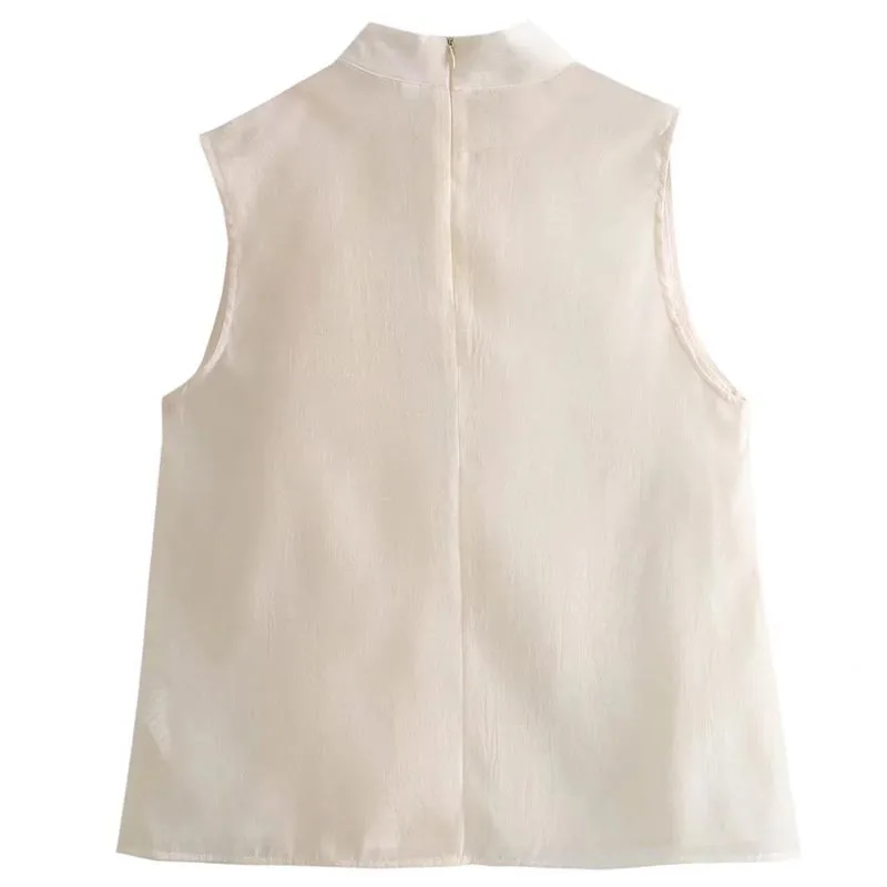 TRAF Cropped Bow Vest Women Top Autumn Off White Ruffled O-Neck Sleeveless Vest Korean Style Vest Elegant And Youth Woman Tops