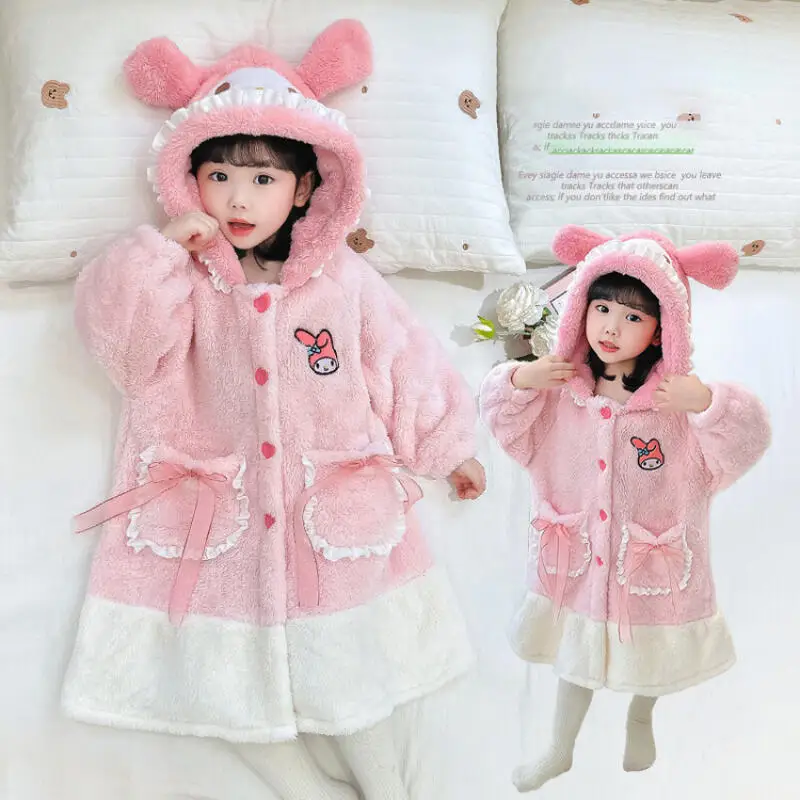 

Cartoon My Melody Kids Kawaii Plush Pajamas Robe Anime Winter Girls Flannel Warm Thicken Home Wear Coral Fleece Bathrobe