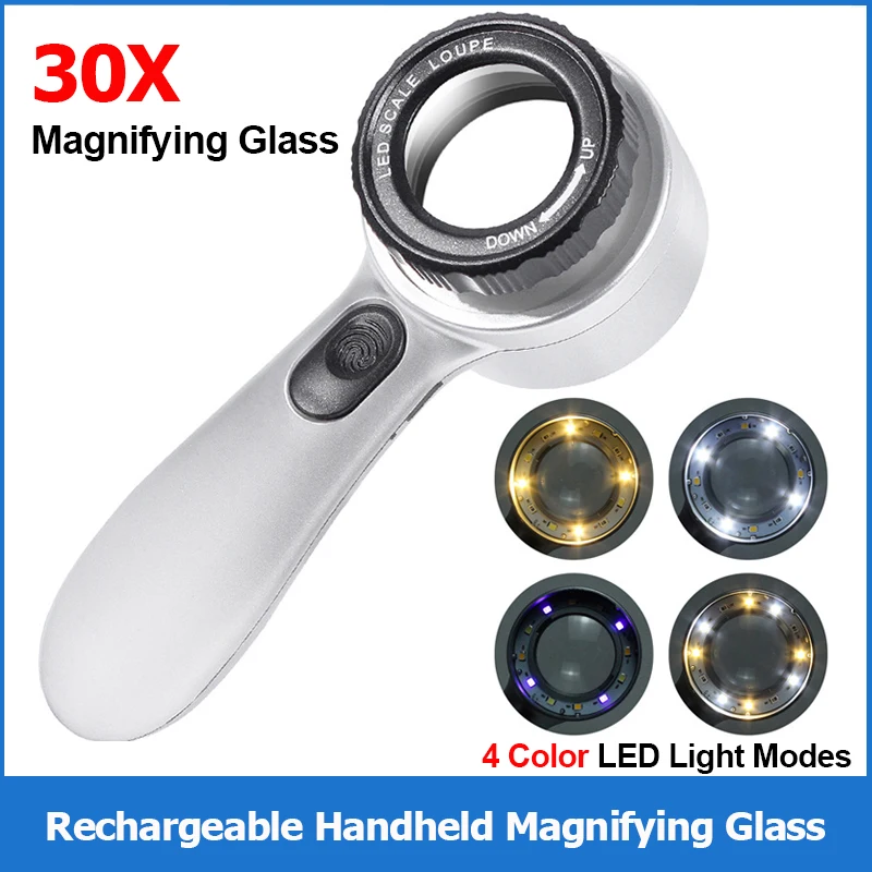 30X Handheld Rechargeable Magnifying Glass with LED Lights Illuminated Magnifier for Seniors Reading Jewelry Watch Reading Loupe