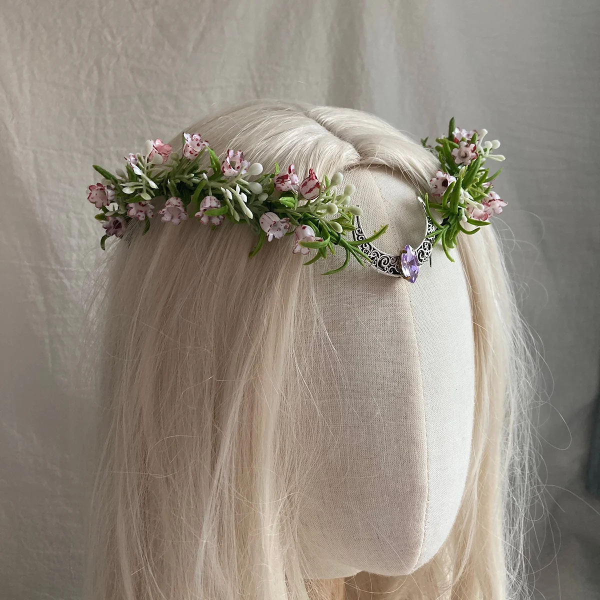 Bell orchid Elven Tiara Crescent Moon Headband Silver Elven Circlet Dainty flower Halo Fairy Headress Costume Bridal Crown