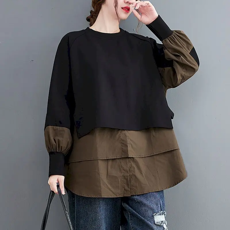 

Womens Pullover Fashion Fake Two-piece Stitching Shirt Spring Autumn Trend Pullovers Casual Loose Thin Tops Design Niche Clothes