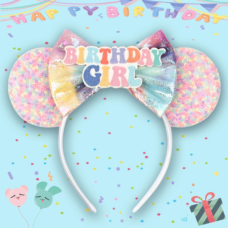 

NEW Birthday Girl Letter Mouse Ears Headband For Girls Colorful Surprise Cartoon Sequin Bow Hairband Kid Party DIY Hair Accessor