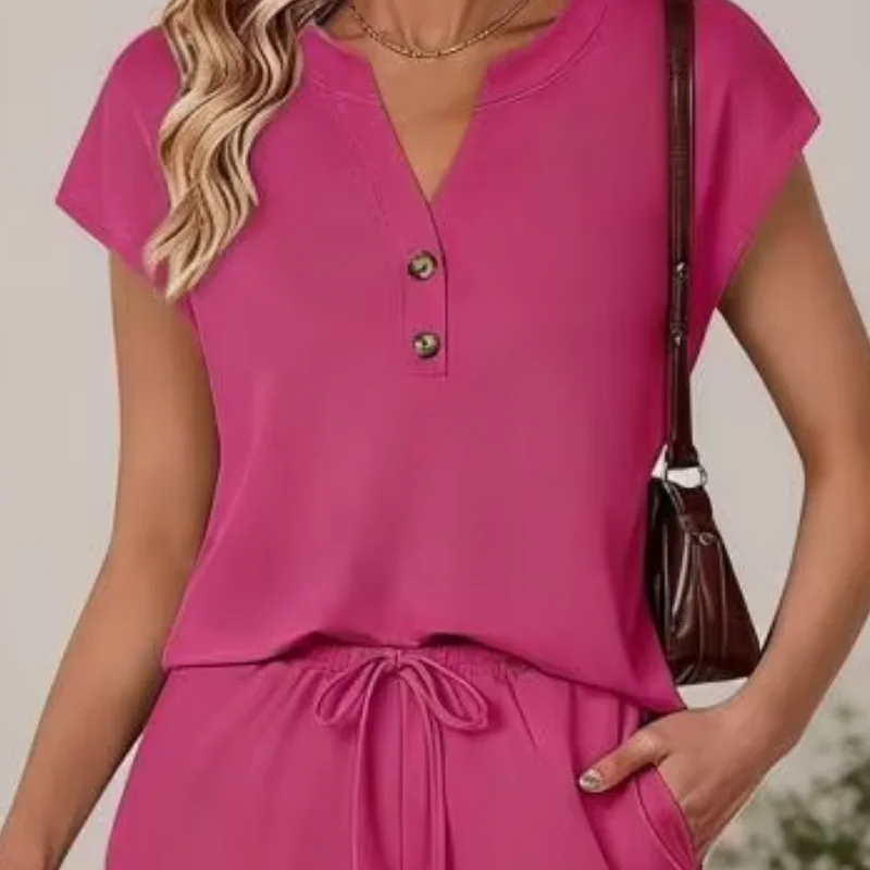 Women Two-piece Suit Women’s Two Piece Set Summer Lounge Wear V Neck Top Wide Leg Pants Vacation Travel Outfits Breathable