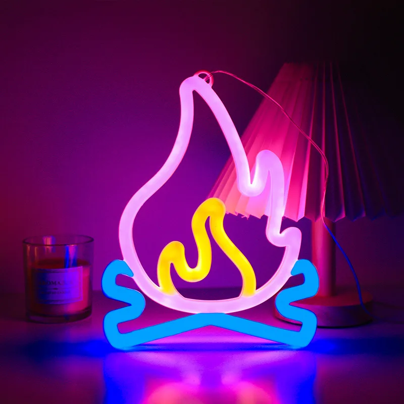 Flame Shaped Neon Signs w Base,LED Light,Atmosphere Lighting for Wall,Night Lamp for Birthday,Party,E-sports Room,Decoration